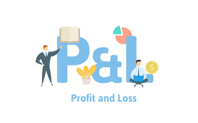 P and L, profit and loss. Concept with keywords, letters and icons. Colored flat vector illustration. Isolated on white background.