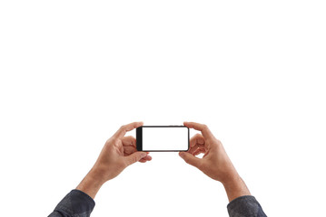Male is holding smartphone, man hand and isolated screen white background.