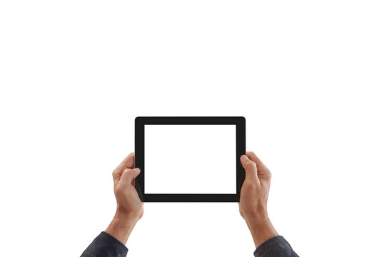 Man is holding a tablet white background and isolated. Horizontal holding phone.