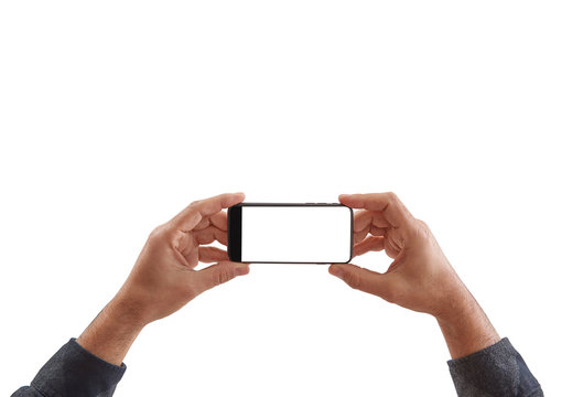 Smartphone isolated, hand holding and finger horizontal.