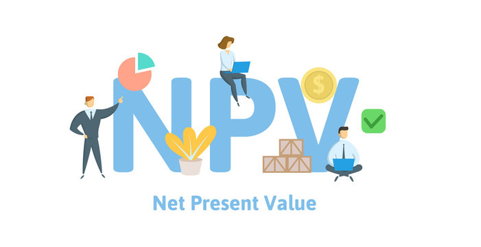 NPV, Net Present Value. Concept with keywords, letters and icons. Colored flat vector illustration. Isolated on white background.