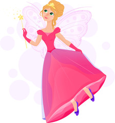 Obraz na płótnie Canvas Vector cartoon character isolated princess fairy girl character with a magic wand in a pink beautiful dress.