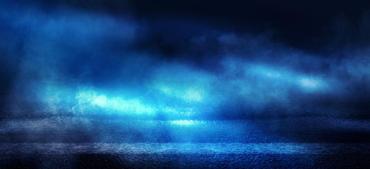 Fototapeta premium Empty dark background with light rays. Concrete floor with reflection lights. Smoke, neon light