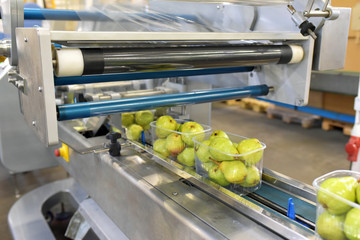 modern packaging machine for fresh pears in a factory for food industry // Verpackungsmaschine für...