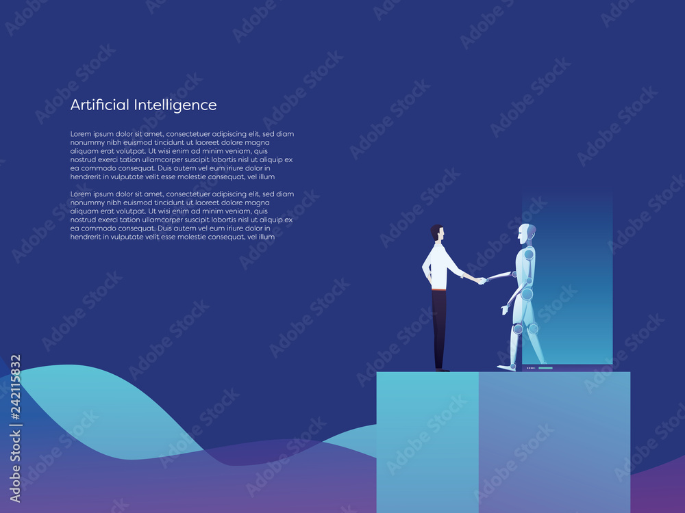 Poster artificial intelligence robot and businessman shaking hands vector concept. symbol of new technology