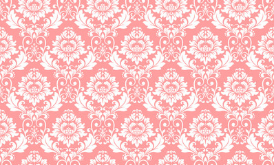 Wallpaper in the style of Baroque. Seamless vector background. White and pink floral ornament. Graphic pattern for fabric, wallpaper, packaging. Ornate Damask flower ornament