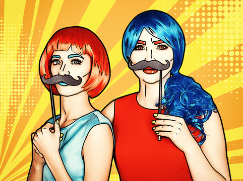 Females in red and blue wigs. Girls with false moustashes in hands