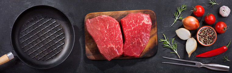 fresh meat with ingredients for cooking, top view