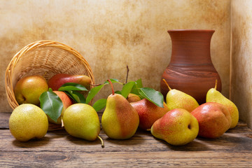 fresh pears with leaves