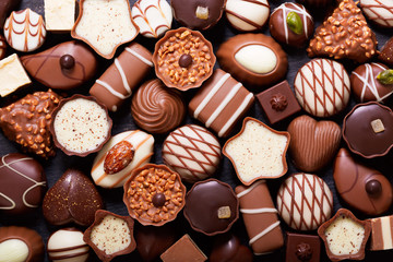 mix of chocolate candies, top view