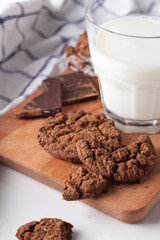 chocolate chip cookies and milk closeup.
