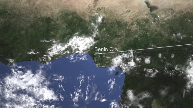 Airplane flying to Benin city, Nigeria from east, 3D animation