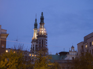 Church tower blended in cityscape