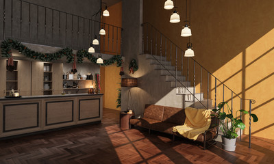 Downstairs Kitchen with Christmas Embellishments 3D Rendering