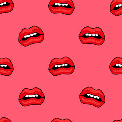 Female lips. Mouth with a kiss, smile, tongue, teeth and kiss me lettering on background. Vector comic seamless pattern in pop art retro style. Abstract seamless pattern for girls, boys, clothes.