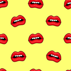 Female lips. Mouth with a kiss, smile, tongue, teeth and kiss me lettering on background. Vector comic seamless pattern in pop art retro style. Abstract seamless pattern for girls, boys, clothes.