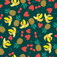 Cute kids fruits food pattern for girls and boys. Colorful fruits food on the abstract grunge pattern create a fun cartoon drawing.The fruits food pattern is made in neon colors. Urban backdrop.