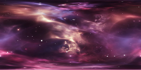 Interstellar cloud of gas and dust. Deep outer space background with stars. Space nebula. Panorama, environment 360 HDRI map. Equirectangular projection, spherical panorama