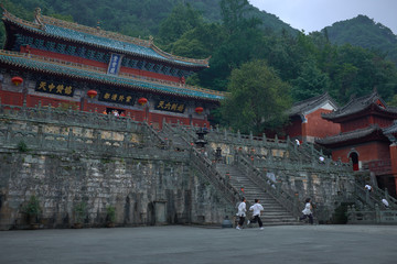 Monks study kung fu in Ancient kungfu Temple in Wudangshan mountain.