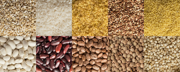Various cereals, seeds, beans, peas, top view.