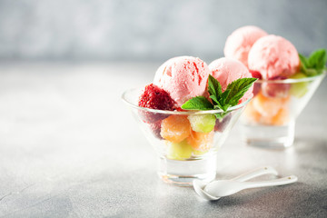 fruit salad and strawberry ice cream