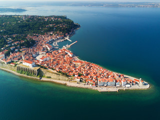 Old city Piran in Slovenia, aerial morning view.