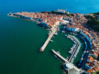 Fototapeta premium Old city Piran in Slovenia, aerial morning view.