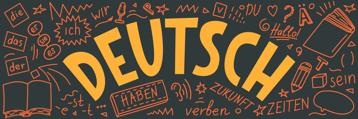 Deutsch. Translation: "German". German language hand drawn doodles and lettering.