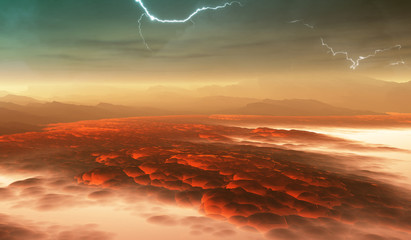 Surface of Venus. Hot lava flows on Venus