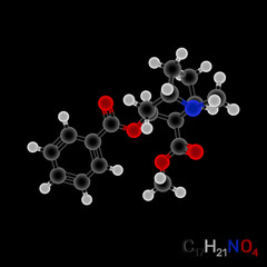 Cocaine model molecule. Isolated on black background. 3D rendering illustration.