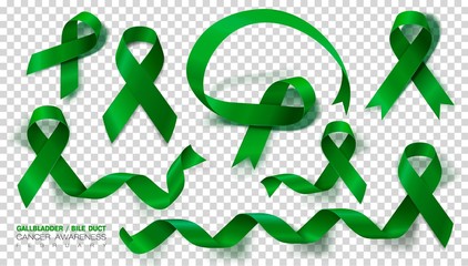 Set. Gallbladder and Bile Duct Cancer Awareness Month. Realistic Kelly Green ribbon symbol. Medical Design. Vector Illustration.