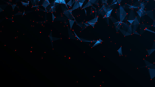 Digital data visualization. cybernetic particles. Low poly mesh. Flow. Wave. Abstract polygonal low poly wave background with connecting dots and lines. 3D rendering.