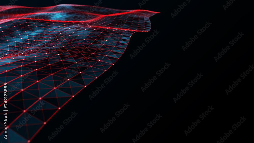 Poster digital data visualization. cybernetic particles. low poly mesh. flow. wave. abstract polygonal low 