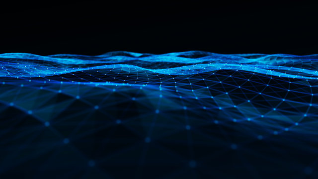 Digital data visualization. cybernetic particles. Low poly mesh. Flow. Wave. Abstract polygonal low poly wave background with connecting dots and lines. 3D rendering.