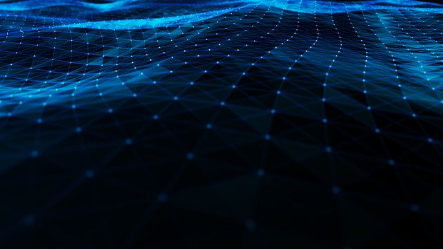 Digital data visualization. cybernetic particles. Low poly mesh. Flow. Wave. Abstract polygonal low poly wave background with connecting dots and lines. 3D rendering.