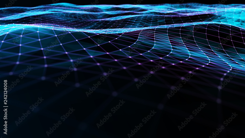 Poster digital data visualization. cybernetic particles. low poly mesh. flow. wave. abstract polygonal low 