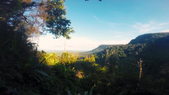 Walking on a trail along palm trees and forest jungle on Rabbit Island, Kaoh Tonsay, Cambodia