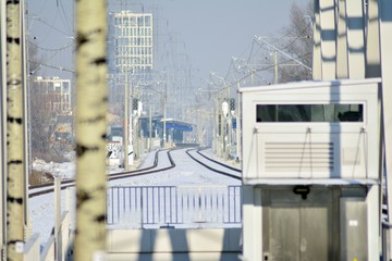 City train in rail station.