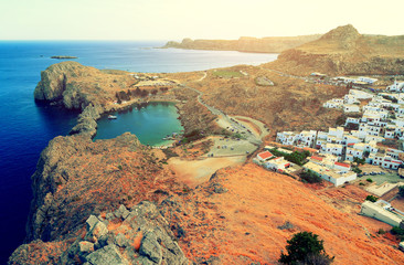 View of St. Paul´s bay, Lindos village and Mediterranean Sea from acropolis of Lindos (Rhodes,...