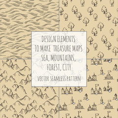Example design elements to make your own fantasy or treasure maps. Includes city, forest, mountains, sea, waves, ocean. Imitation of medieval drawings. Hand-drawn sketch. Vector