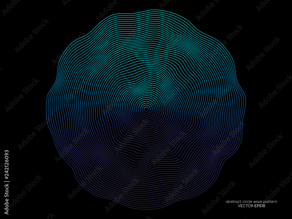 Poster Abstract flowing wave circles line pattern light blue and green isolated on black background. Vector design element in the concept of music, sound, technology, innovation, AI