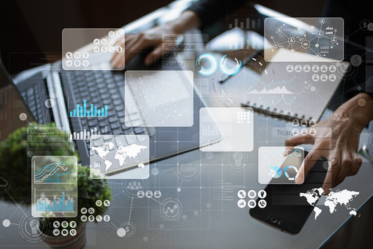 Virtual touch screen. Project management. Data analysis. Hitech technology solutions for business. Development. Icons and graphs background. Internet and networking.