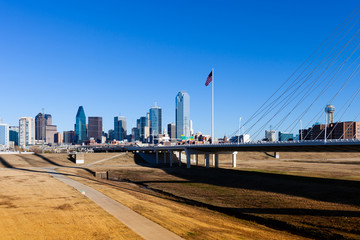 Dallas, Texas skyline with view of Interstate 35 on a bright sunny day