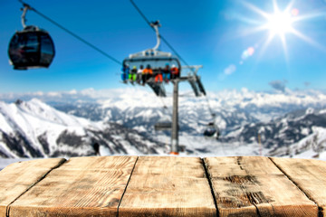 Fototapeta premium Winter table background and mountains landscape 