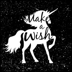 Unicorn silhouette on dark star background, make a wish vector poster