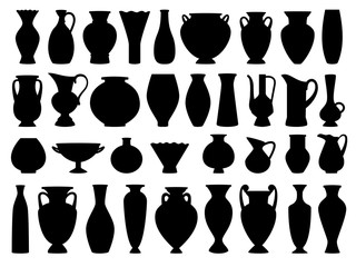 Vintage greek vases black silhouette on white background, vector illustration