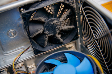 Dust on computer pc processor cooler with mainboard. concept master Component maintenance