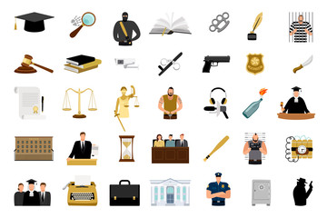 Justice flat icons. Criminal defense and lawyer briefcase, justice scale and judge hammer flat design big icon set, court and law vector signs