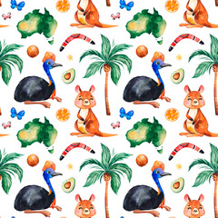 Travel watercolor seamless pattern with Australian animals,fruits,butterflies,palm tree,boomerang and more. Perfect for wallpaper,print,packaging,invitations,packaging,cover design,travel etc