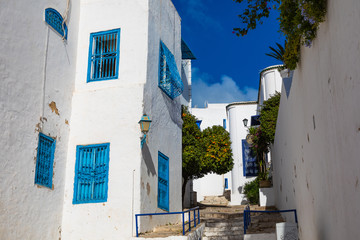 Cityscape with typical white blue colored houses in resort town Sidi Bou Said. Tunisia, North Africa.